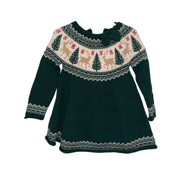 Tahari Baby Girls Green Knit Sweater Dress W/Reindeer & Tree Fair Isle Pattern - Picture 1 of 6